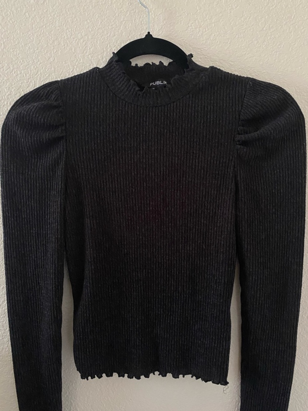 Publish Black Ribbed Puff-Sleeve Mock Neck Top